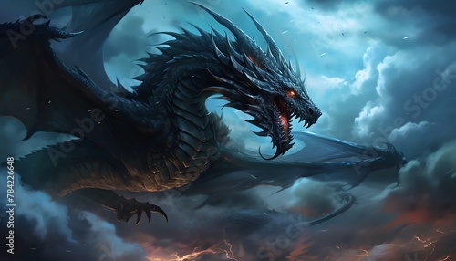 Illustrate a fierce dragon against a dramatic stormy sky backdrop with pixel art for a modern fantasy twist