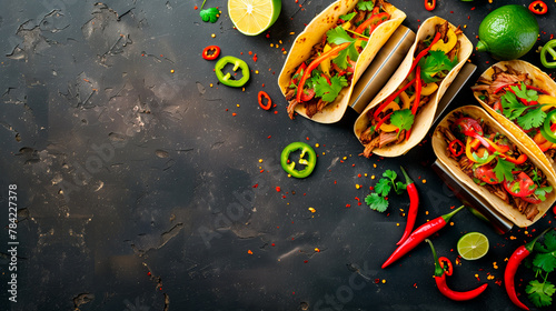 Mexican street tacos on black background. Cinco de Mayo themed events. Mexican gastronomy concept