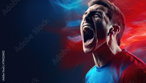A fan or a player screams from an overabundance of emotions from a sports competition