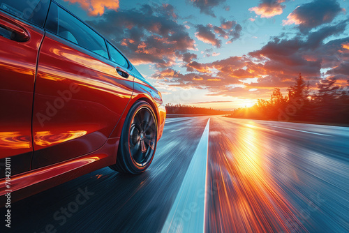 A fast-moving car streaks down a highway, leaving a trail of blurred motion lines behind