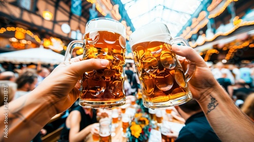 An immersive view of the Oktoberfest in Munich, with festival-goers in traditional lederhosen and dirndls clinking steins of beer.