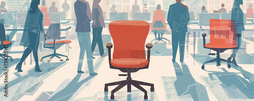 minimalist illustration showcasing a single empty chair against a backdrop of bustling office activity, emphasizing the urgency and importance of finding the right candidates to fill key roles