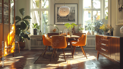 Wide-angle shot of a mid-century modern dining room with iconic furniture pieces, modern interior design, scandinavian style hyperrealistic photography