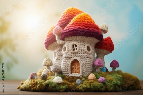 Knitted toy house in the shape of a mushroom with mycelium