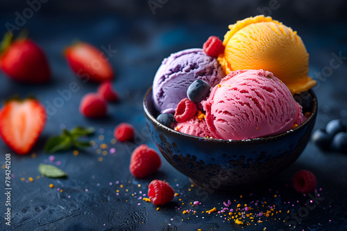Creative food concept. Scoop balls of colourful gelato sorbet ice cream in black bowl on dark concrete background with scattered raspberry blueberries strawberry fruits. copy text space