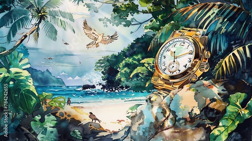 Produce a watercolor painting of a luxurious watch stranded on a deserted island, surrounded by lush greenery and exotic birds
