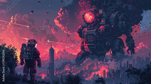 Craft a mesmerizing scene of galactic firefighters combating space wildfires using pixel art, emphasizing bold, contrasting colors and intricate details Experiment with unique camera angles for an eng