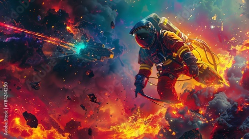 Illustrate galactic firefighters in futuristic suits battling vivid space wildfires using dynamic, surrealistic art with vibrant colors Combine digital rendering techniques for a sci-fi twist