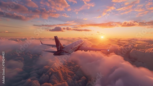 Commercial airplane flying above dramatic clouds during sunset