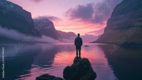 One man contemplating the sky at dawn standing on rocks above a fjord, 