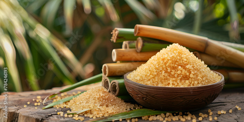 Sugarcane and brown sugar on a wooden background closeup