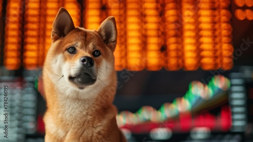 A dog of the Akita Inu breed sits on the background of a graph trading chart. Concept of digital finance sphere and crypto culture cryptocurrency 