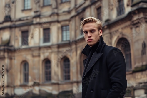 Generative AI : Handsome trendy blond man standing outdoor in European city setting 