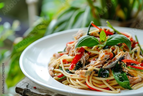 Generative AI : Stir fried trivelle pasta with Canned tuna fish and crispy basil leaves