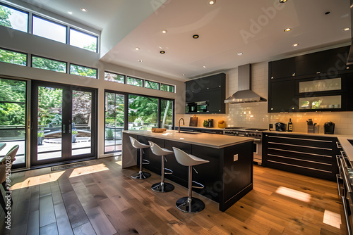 Contemporary Kitchen: Black and White Cabinets, Wood Floors, Central Barstools, Large Windows