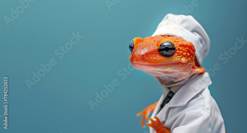 A close-up of a newt in a white chef's uniform with a stethoscope against a blue background.