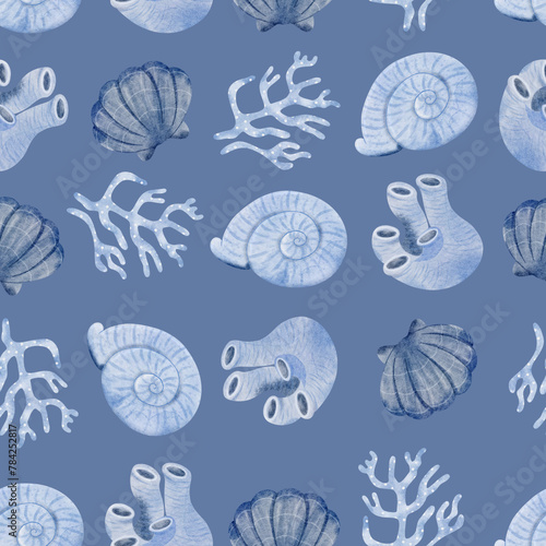 Shellfish and Coral Seamless Pattern on blue gray background illustration