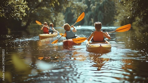 Generative AI : Little children kayaking on river. Summer camp activity