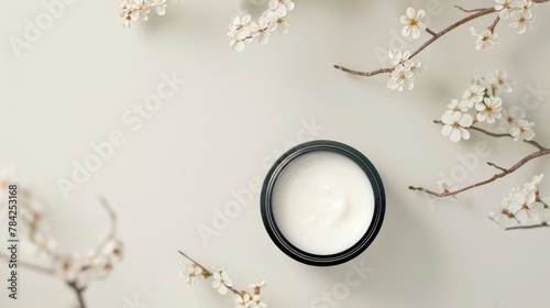 Still life of skincare cream with spring blossoms.