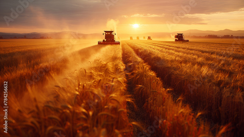 Grain harvester in a golden wheat field