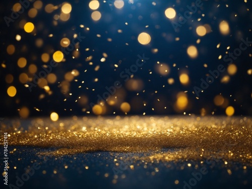 Gold glitter resting on a dark blue background. The glitter sparkles brightly, catching the light
