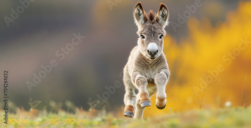 A baby donkey running through a field of yellow flowers. Concept of innocence and playfulness, as the young donkey is full of energy and curiosity. a cute and exuberant baby donkey takes center stage