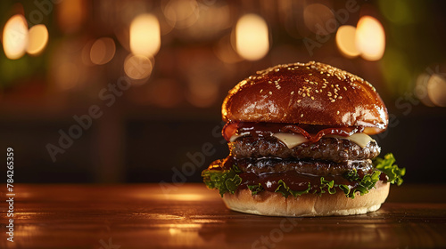 Decadent Gourmet Delights: Appetizing Product Photography of Gourmet Burgers with Premium Foie Gras Toppings on Wooden Board Plates