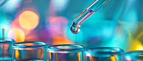 A precise drop of a chemical solution is carefully dispensed from a pipette into a row of test tubes.