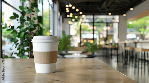 mockup, blank white paper cup of hot coffee on wood table with blurred background of cozy urban cafe interior design