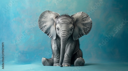 Behold, a charming baby elephant sits against a backdrop of tranquil blue, creating a picturesque moment that exudes innocence and joy.