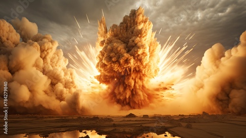 Ferocious detonation rattles the desert. Incandescent sky mirrors the explosion's fury.