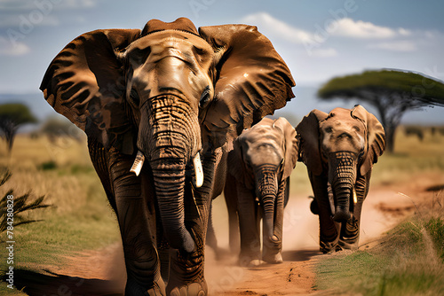 Elephant family playing in Serengeti National Park