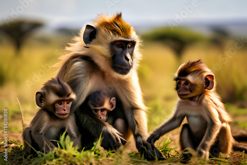 Monkey family playing in Serengeti National Park