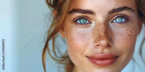 Woman with freckled hair and blue eyes