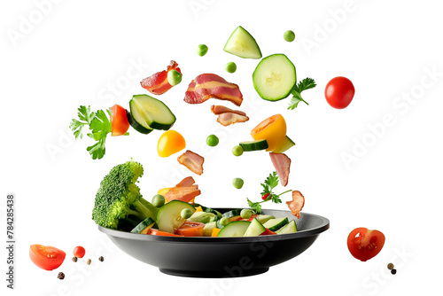 Vegetables fall into a black frying pan on a transparent background. Healthy food concept