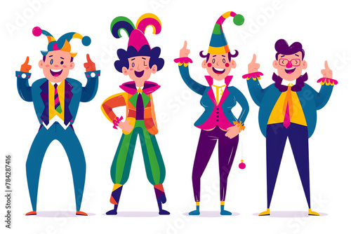 4 funny men in jester costumes smiling and pointing fingers on a white background