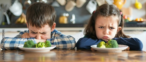 Kids frowning at their plate with just a small broccoli, visualizing the struggles of dietary restrictions and eating disorders