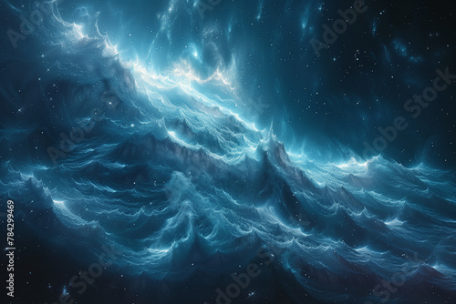 Powerful ocean wave rising abnormal in dramatic star sky, natural catastrophe wallpaper background