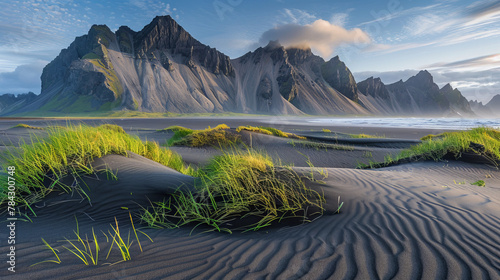black sand and grassy mounds with morning dawn at Stokksnes, Iceland with the mountain Vestrahorn in the background