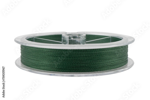 Fishing braided line isolated on white background. Spool of blue cord isolated. Spool of braided fishing line.