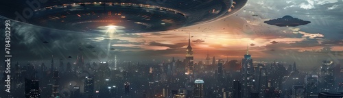 Alien invasion over a futuristic city, dramatic skyline, eye-level, intergalactic threat