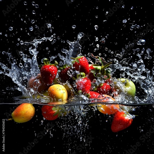 Fruits with droplets, splash in black water, low angle, backlight, surreal