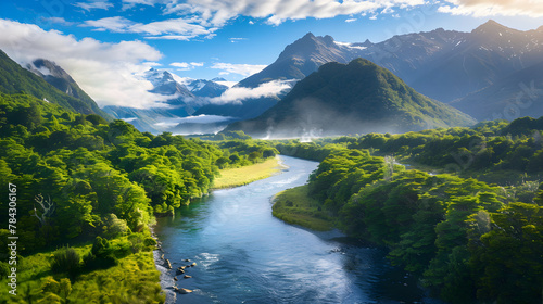 Majestic Panorama of Picturesque New Zealand's Natural Wonders: Alpine Peaks, Tranquil River, Dense Forest, and Lush Green Valleys