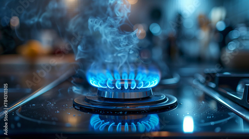 Ignited Gas Stove Burner with Blue Flames and Steam, Domestic Cooking Scene