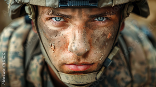 Steadfast Soldier's Stare in the Face of Adversity, Mud-Spattered and Resolute