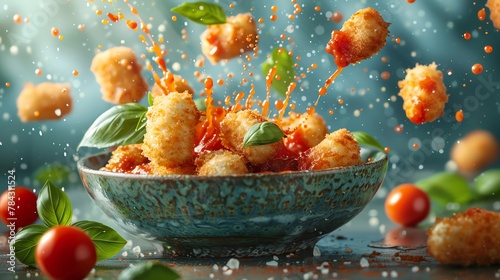 A stylized photo of crispy mozzarella sticks bursting energetically from a ceramic dish, along with marinara sauce splashes and basil leaves