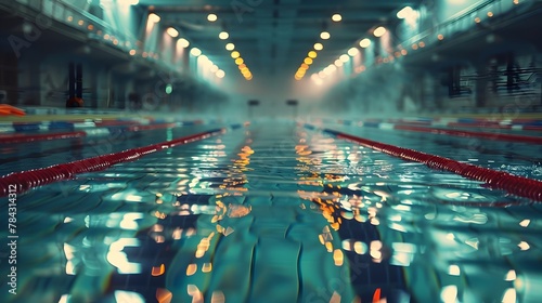 Illuminated Indoor Swimming Pool With Reflective Lanes Ready for Aquatic Sports and Training Sessions