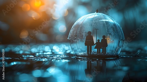 Miniature silhouetted figures under a glass sphere in a rainy,reflective setting symbolizing insurance,financial planning and risk management concepts