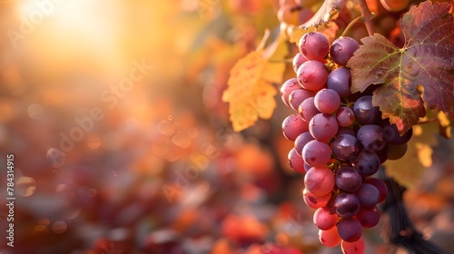 Ripe Grapes in Lush Autumn Vineyard Landscape during Sunset or Sunrise