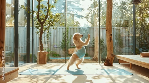 Golden retriever in blue outfit performs yoga pose on mat in sunny modern home with indoor garden